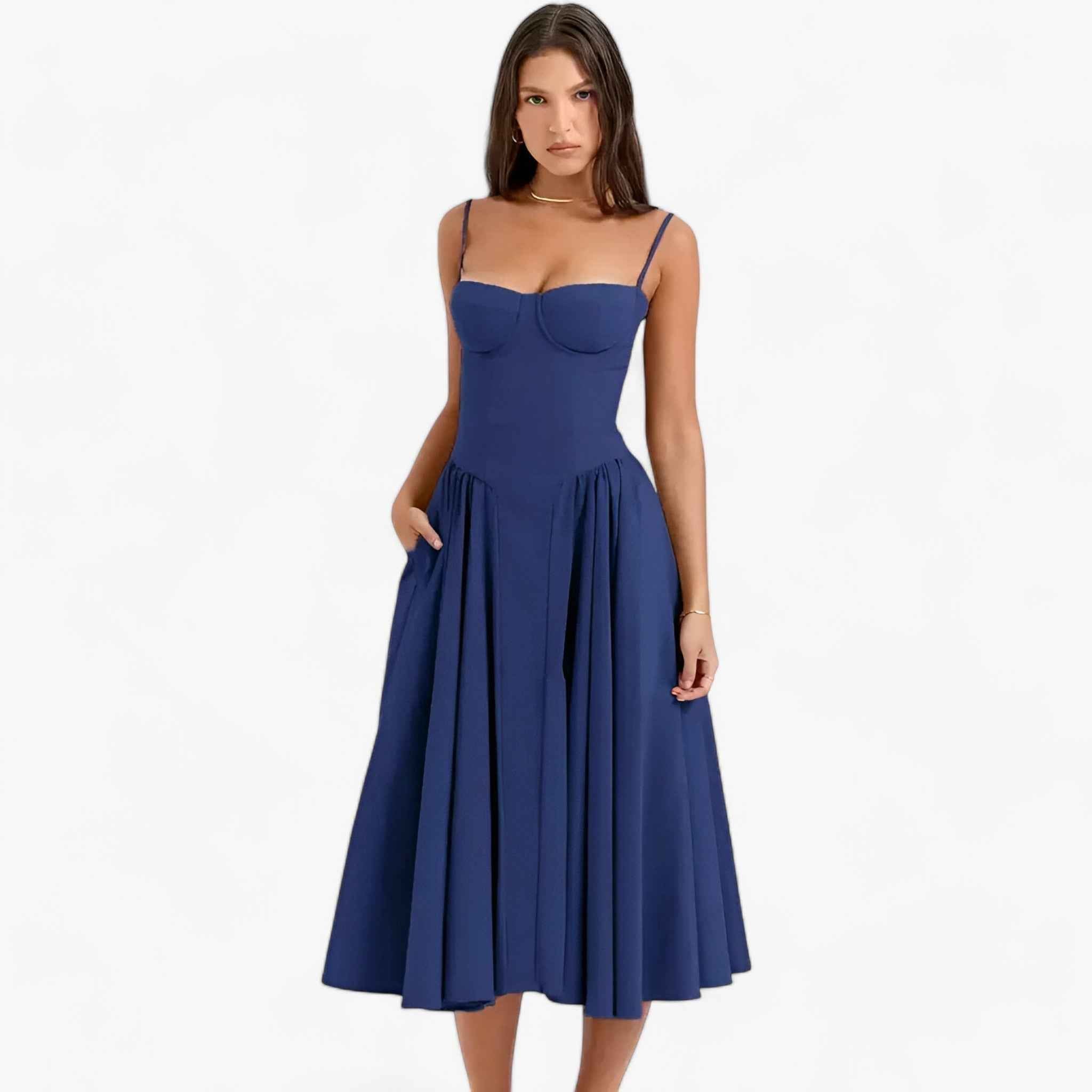 Damesjurken : Midi Jurk Dames Lichtgroen - Elegante Mouwloze in Marineblauw van Pantino