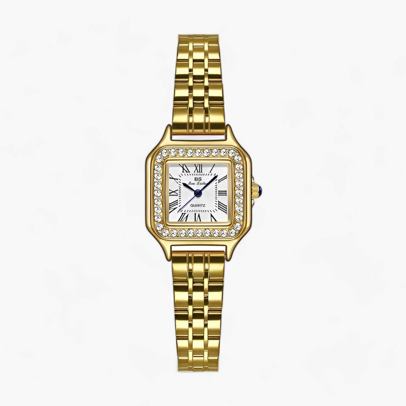 Horloges : Luxueus Vierkant - Dames Horloge Zilver met Strass Accenten in Goud van Pantino