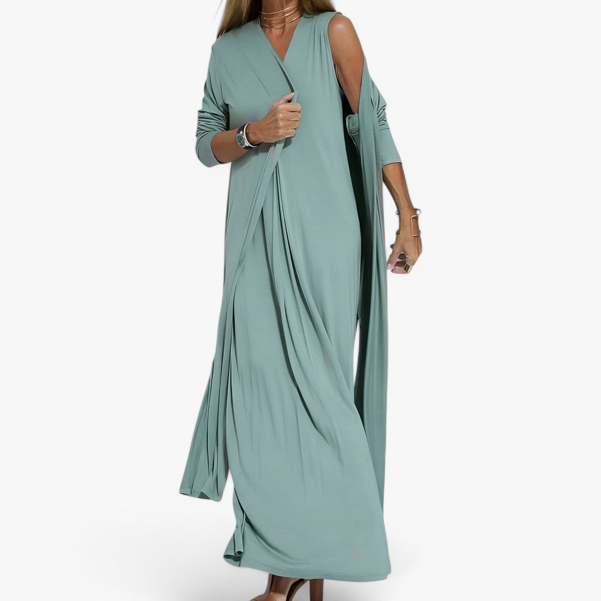 Two-Piece Set : Dames Lange Zomerjurk met Vest - Groen in van Pantino