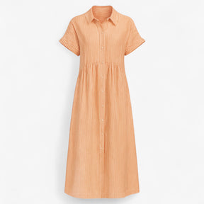 Women's Dress : Midi Jurk Dames Blauw - Met Strepen en Zakken in Oranje van Pantino