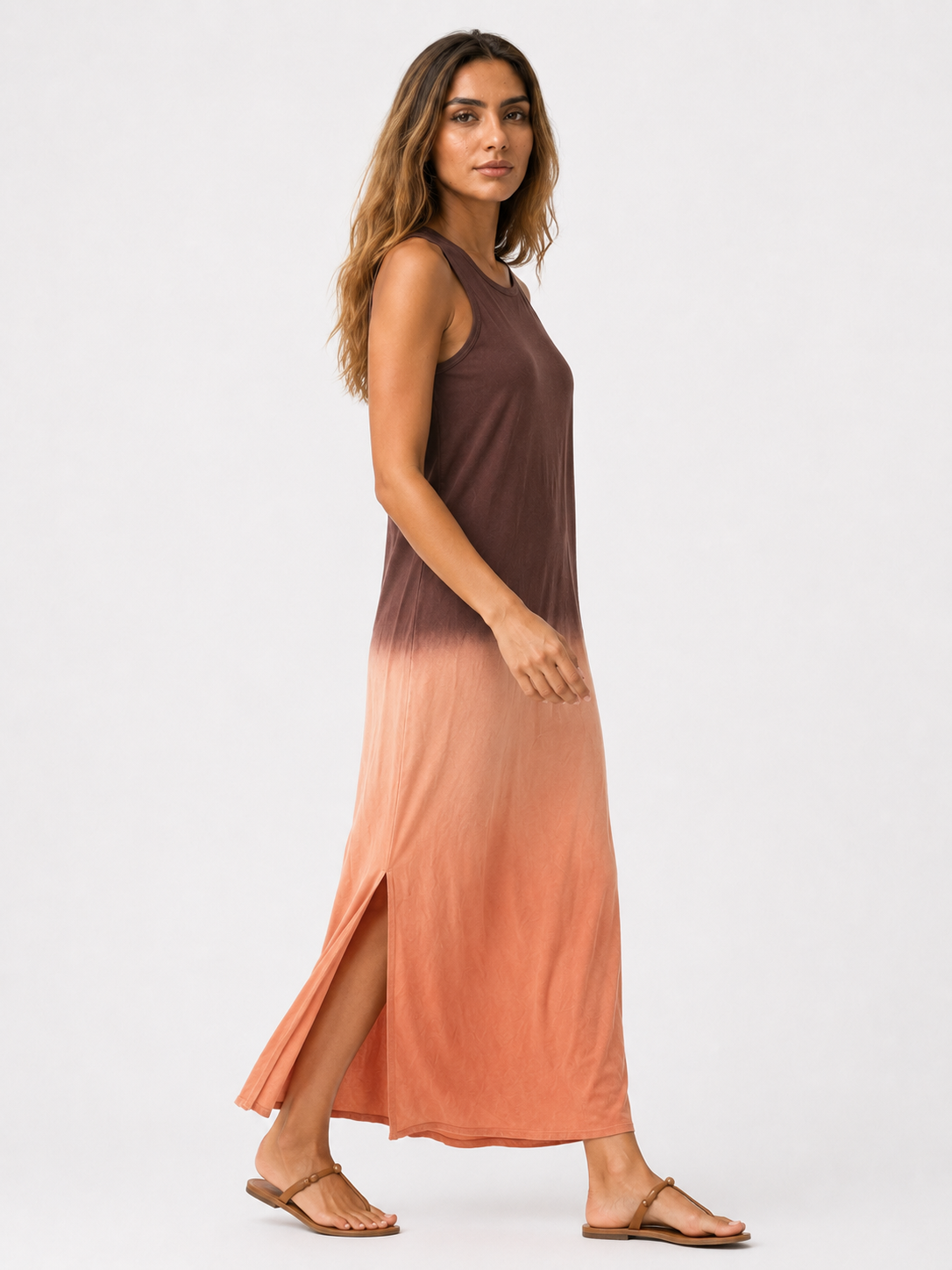 Dames Mouwloze Midi Jurk met Ronde Hals en Verloopkleur
