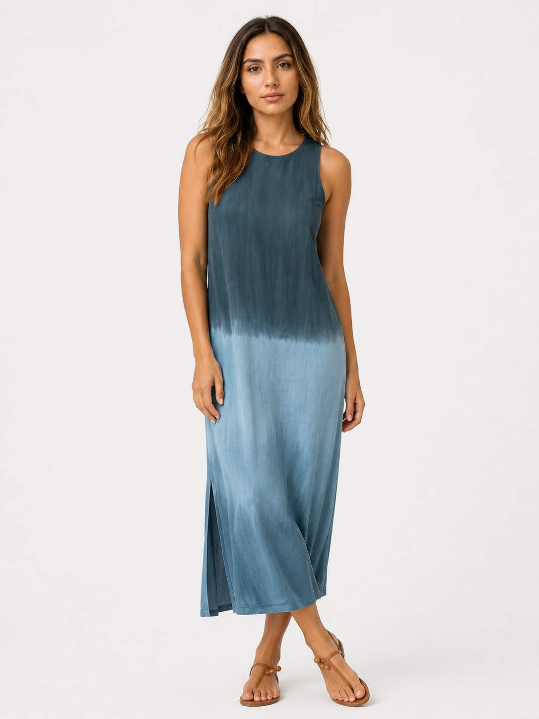 Dames Mouwloze Midi Jurk met Ronde Hals en Verloopkleur