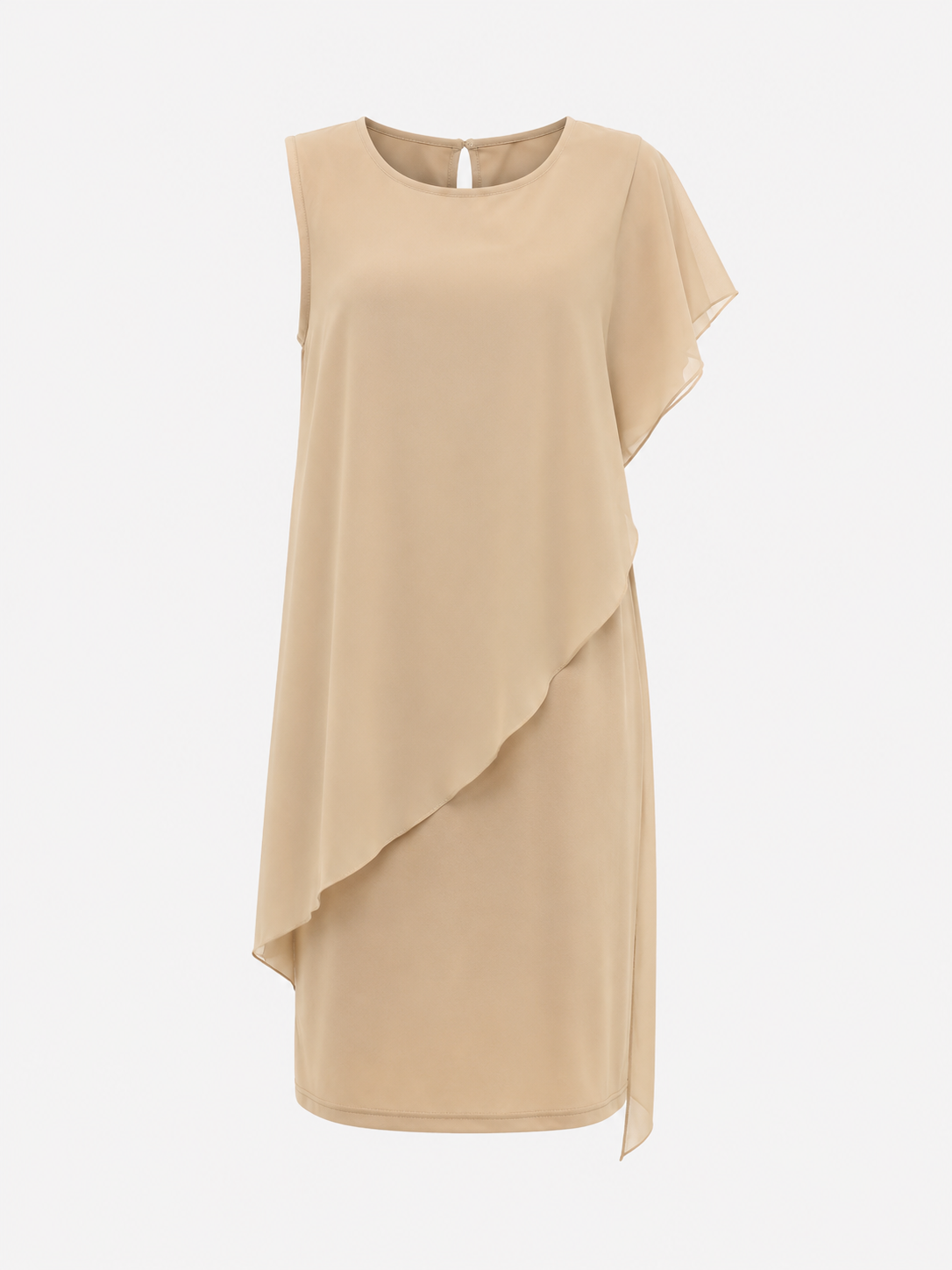Dress : Dames Mouwloze Polyester Zomerjurk met Asymmetrische Chiffon-Look Overlay in Khaki van Pantino