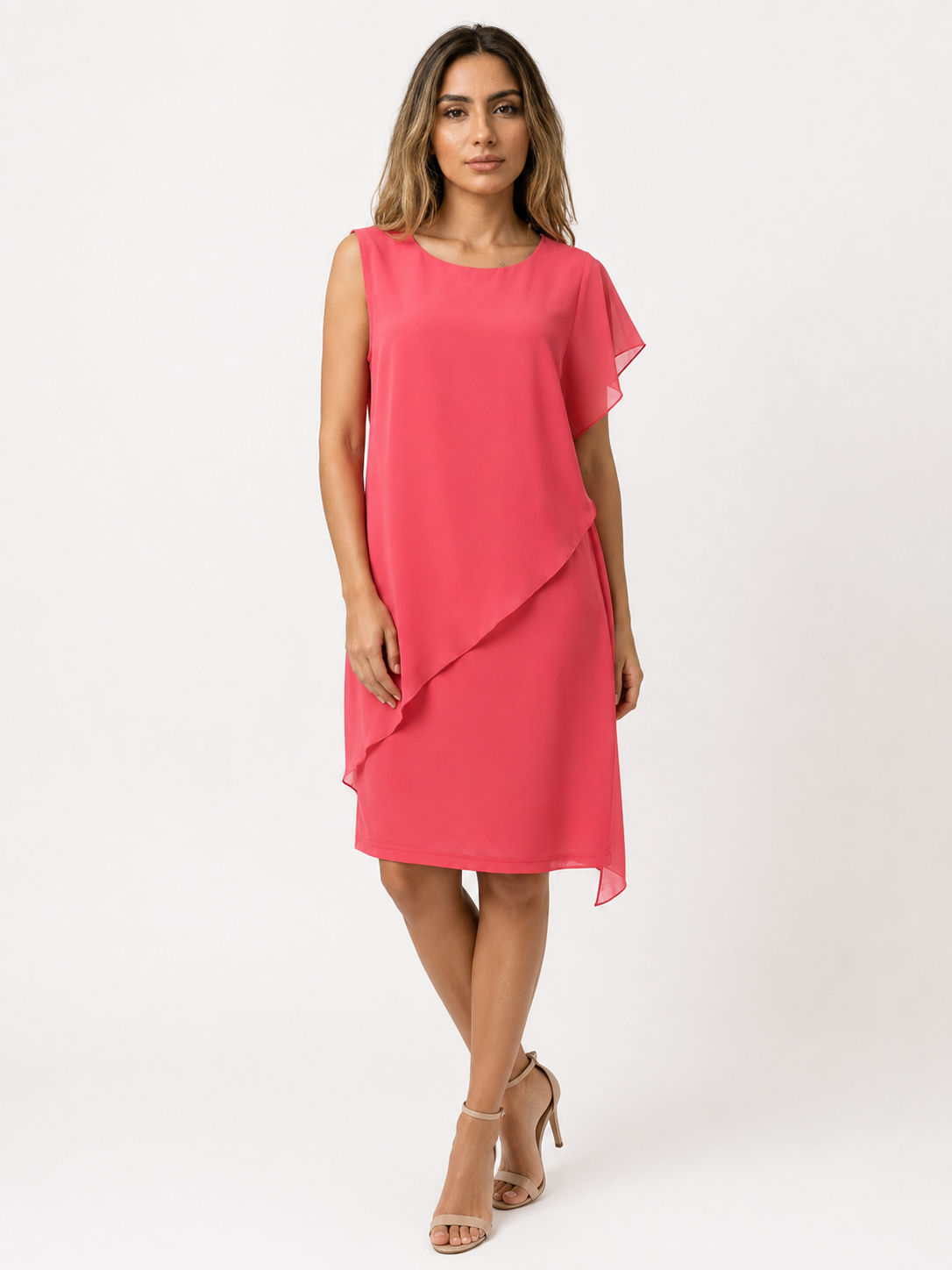 Dress : Dames Mouwloze Polyester Zomerjurk met Asymmetrische Chiffon-Look Overlay in van Pantino