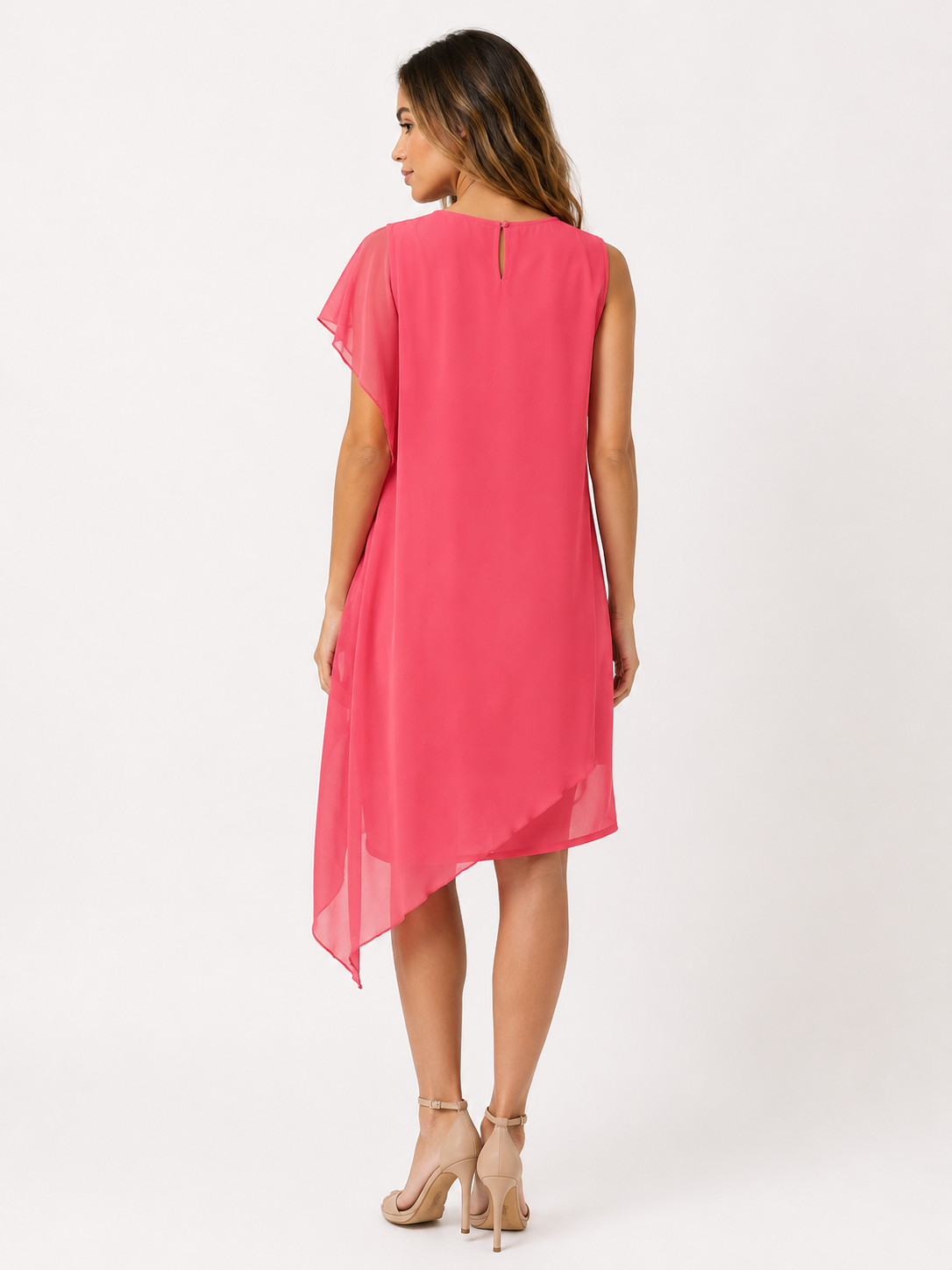 Dress : Dames Mouwloze Polyester Zomerjurk met Asymmetrische Chiffon-Look Overlay in van Pantino