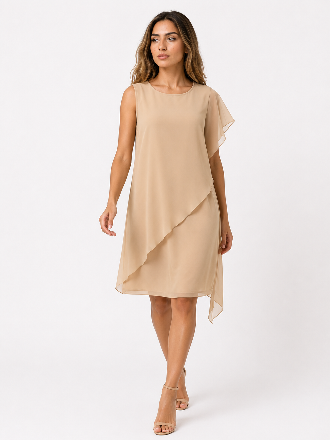 Dress : Dames Mouwloze Polyester Zomerjurk met Asymmetrische Chiffon-Look Overlay in van Pantino