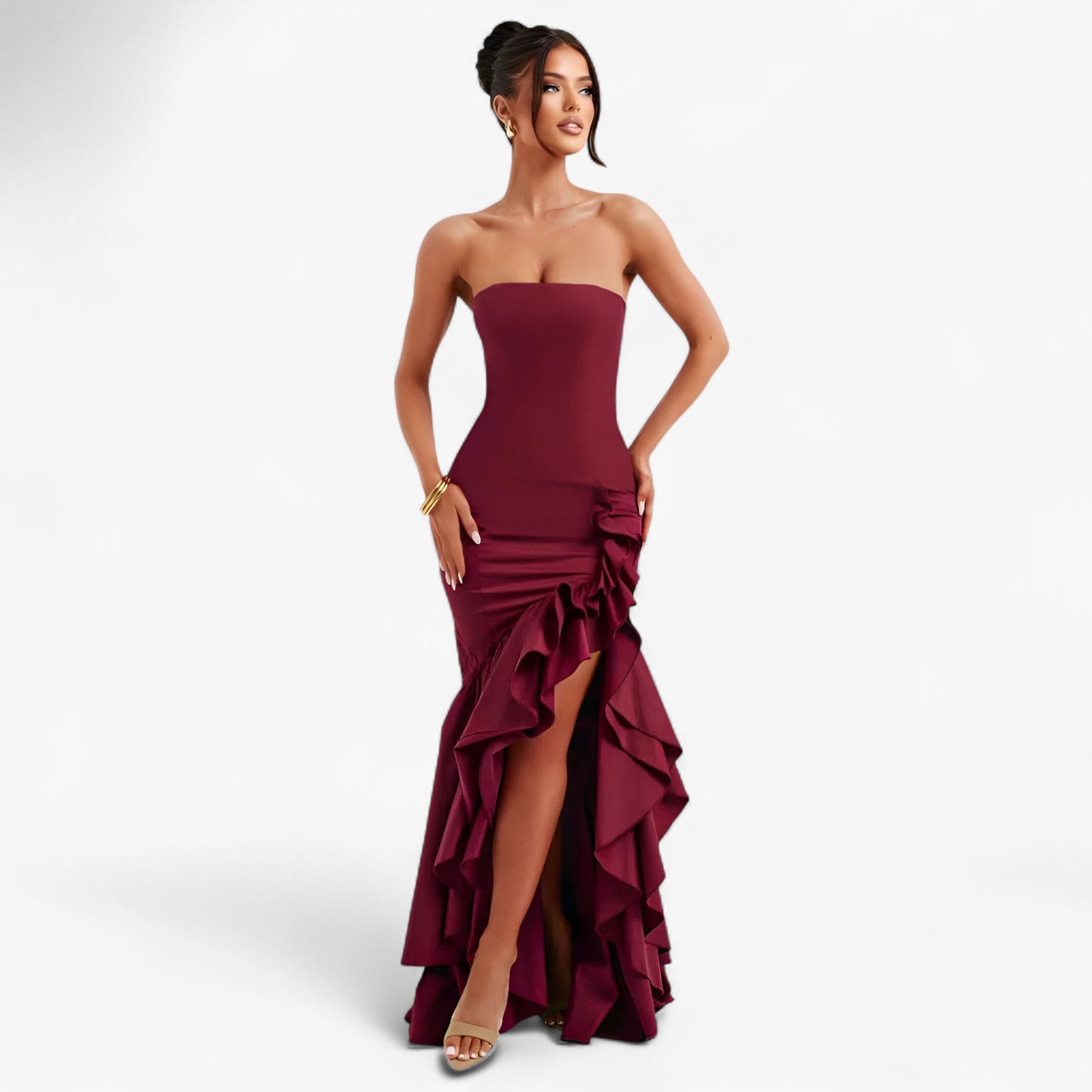 Jurken : Rode Dames Zomerjurk Mouwloos met Ruches - Elegante Feestjurk in Rood van Pantino