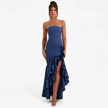 Jurken : Rode Dames Zomerjurk Mouwloos met Ruches - Elegante Feestjurk in Blauw van Pantino