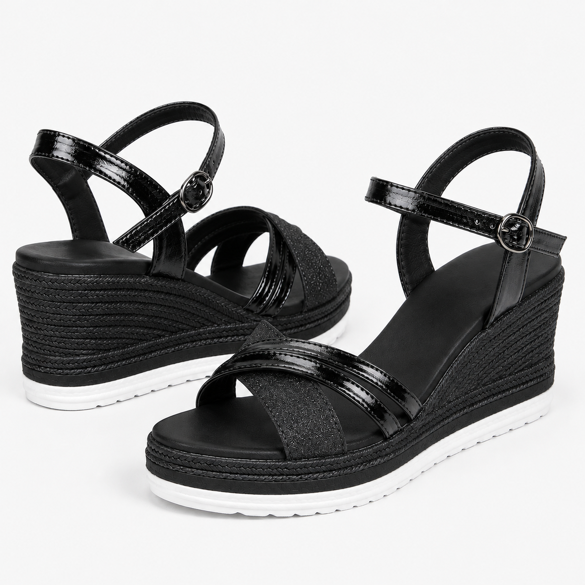 Sandals : Dames Plateau Sandalen van Synthetisch Leer – Open Teen met Enkelbandje in Zwart van Pantinoshop