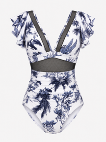 Women's Outfit : Dames Sexy Badpak met Netdetails in Witte bloemenprint van Pantino