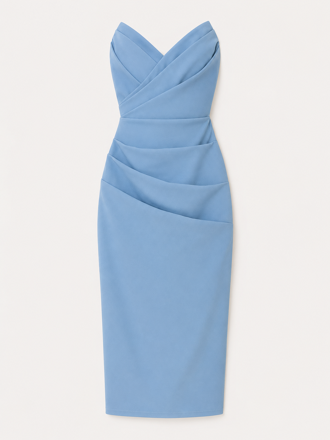 Dresses : Dames Strapless Midi Jurk van Polyester met Geplooide Overslagbuste en Rugsplit in Blu van Pantino