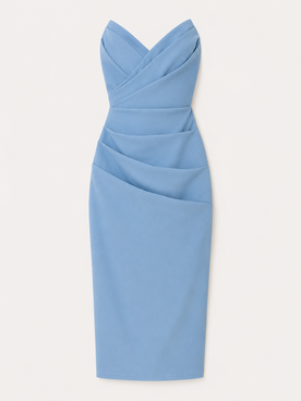 Dresses : Dames Strapless Midi Jurk van Polyester met Geplooide Overslagbuste en Rugsplit in Blu van Pantinoshop