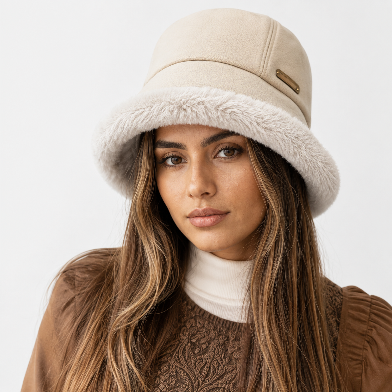 Hat : Dames Winter Buckethoed – Warme Teddy Hoed met Brede Rand in Beige van Pantino