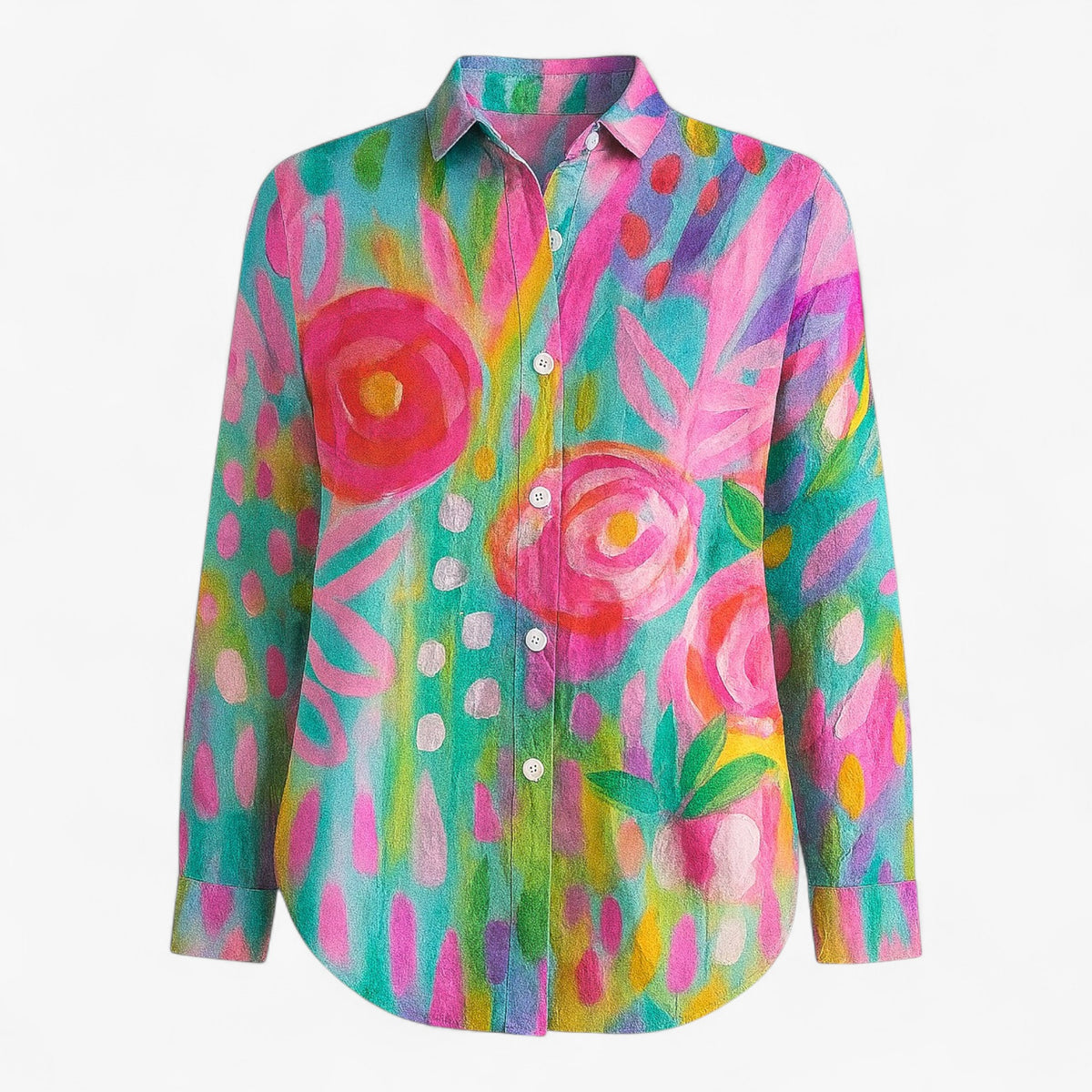 Blouse : Damesblouse met Unieke Kleurige Print - Roze in Roze van Pantino