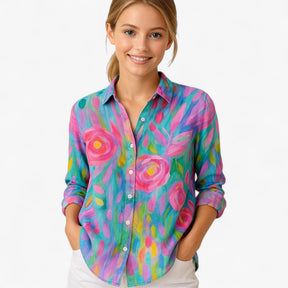 Blouse : Damesblouse met Unieke Kleurige Print - Roze in van Pantino