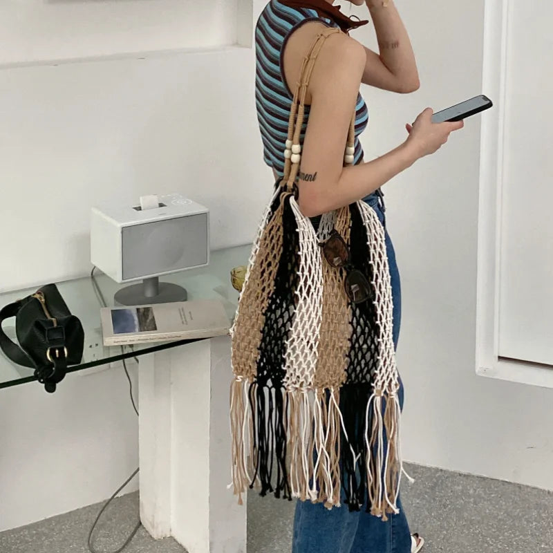 bags : Strandtas Dames Zwart - Stijlvol Geweven Zomer Design - Stro in van Pantino