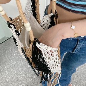 bags : Strandtas Dames Zwart - Stijlvol Geweven Zomer Design - Stro in van Pantino