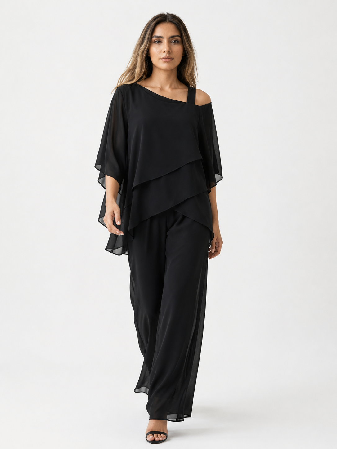 Women's Dress : Elegante Chiffon 2-Delige Dames Set met Asymmetrische Top en Wijde Broek in van Pantino