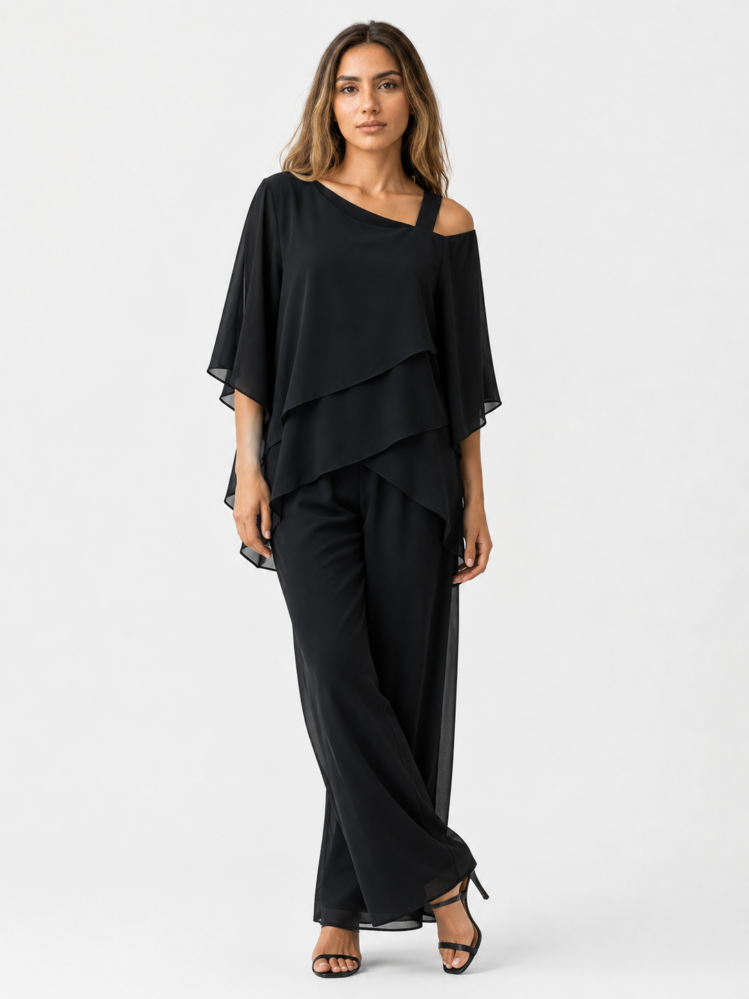 Women's Dress : Elegante Chiffon 2-Delige Dames Set met Asymmetrische Top en Wijde Broek in van Pantino