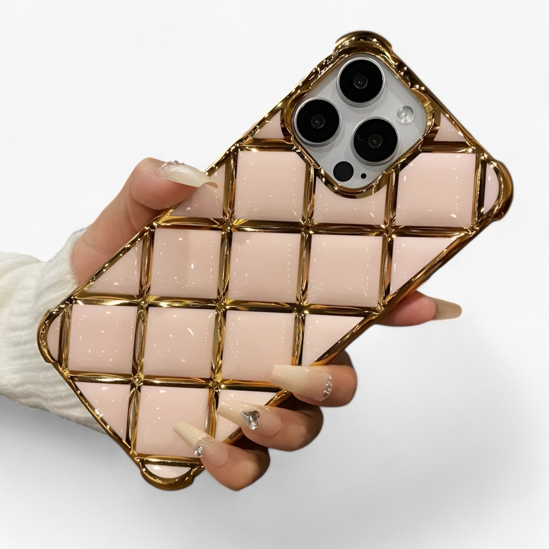 Phone Case : Luxe Diamond Grid Telefoonhoesje - Wit in Roze van Pantino