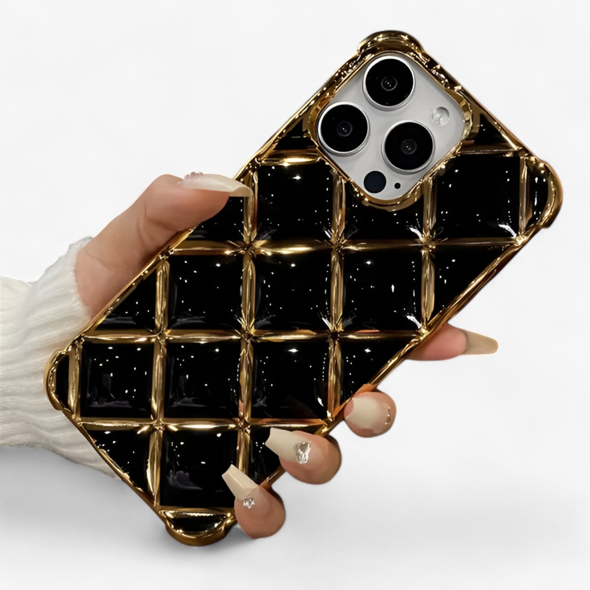 Phone Case : Luxe Diamond Grid Telefoonhoesje - Wit in Zwart van Pantino