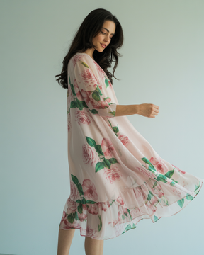 Dresses : Elegante damesjurk in rode chiffon met petaldetails, ideaal voor ceremonies in Roze+Roze (Extra korting bij twee stuks) van Pantinoshop