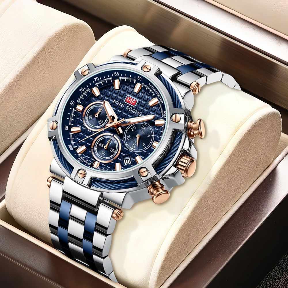 watches : Heren Horloge Zilver/Blauw RVS - Klassiek Polshorloge met Datumweergave in Zilver Blauw van Pantino
