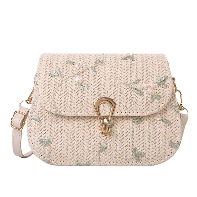 bags : Geborduurde Stro Schoudertas Dames Khaki - Handgemaakt Bloemen - Stro in Wit van Pantino