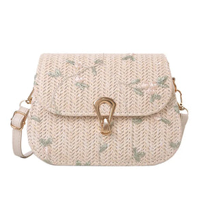 bags : Geborduurde Stro Schoudertas Dames Khaki - Handgemaakt Bloemen - Stro in Wit van Pantino
