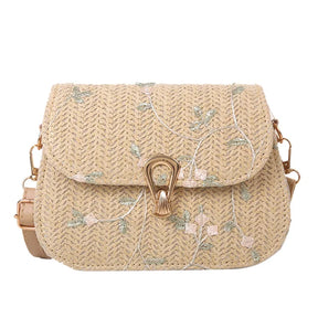 bags : Geborduurde Stro Schoudertas Dames Khaki - Handgemaakt Bloemen - Stro in van Pantino