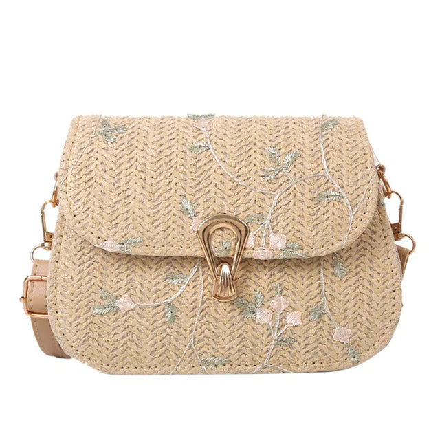 bags : Geborduurde Stro Schoudertas Dames Khaki - Handgemaakt Bloemen - Stro in van Pantino