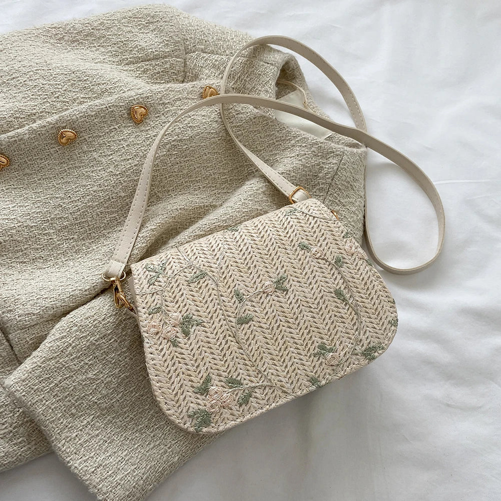 bags : Geborduurde Stro Schoudertas Dames Khaki - Handgemaakt Bloemen - Stro in van Pantino