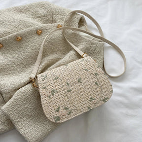 bags : Geborduurde Stro Schoudertas Dames Khaki - Handgemaakt Bloemen - Stro in van Pantino
