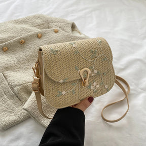 bags : Geborduurde Stro Schoudertas Dames Khaki - Handgemaakt Bloemen - Stro in van Pantino