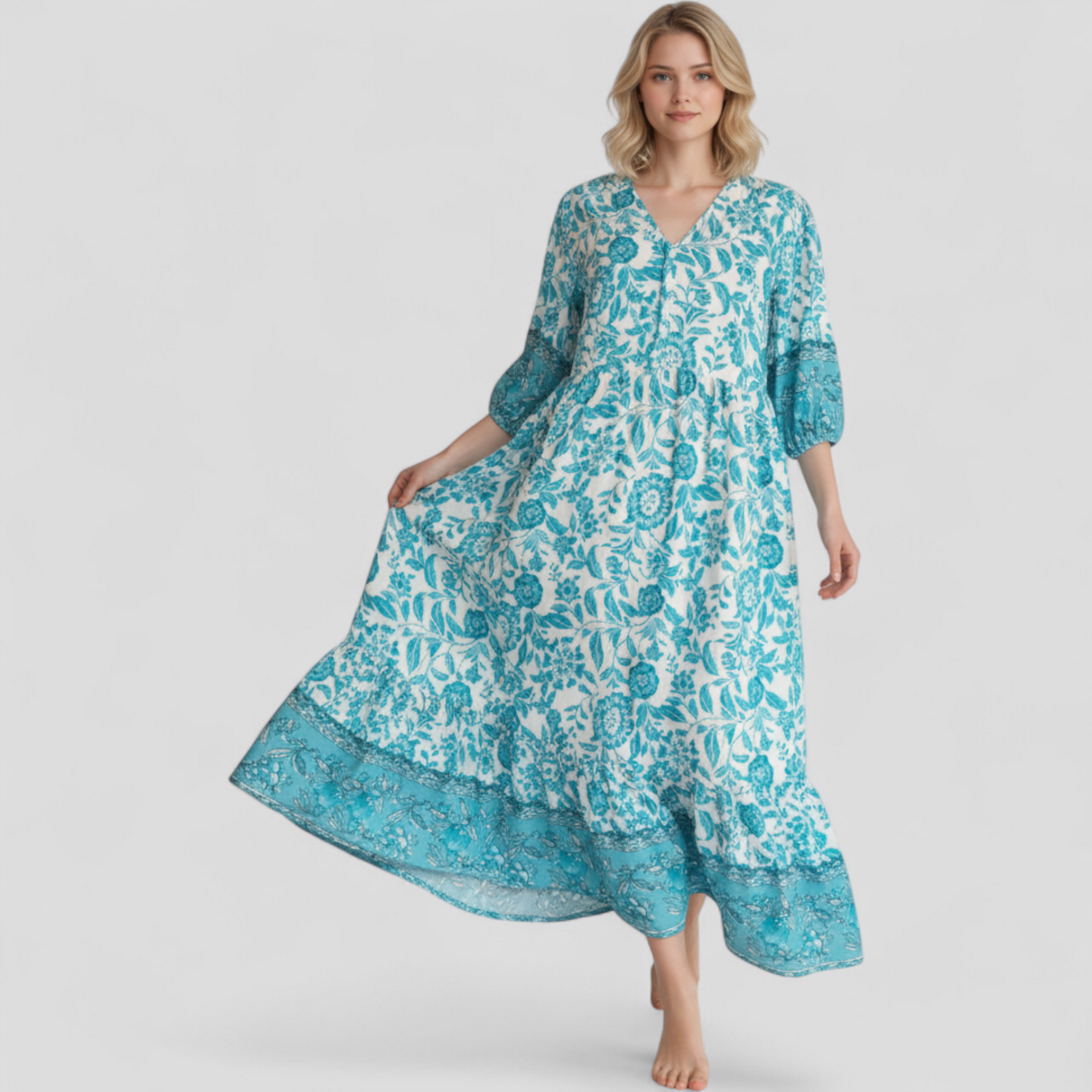 Women Set : Zomerjurk Dames Blauw - Elegante met Bloemenprint in van Pantino