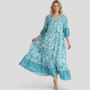 Women Set : Zomerjurk Dames Blauw - Elegante met Bloemenprint in van Pantino