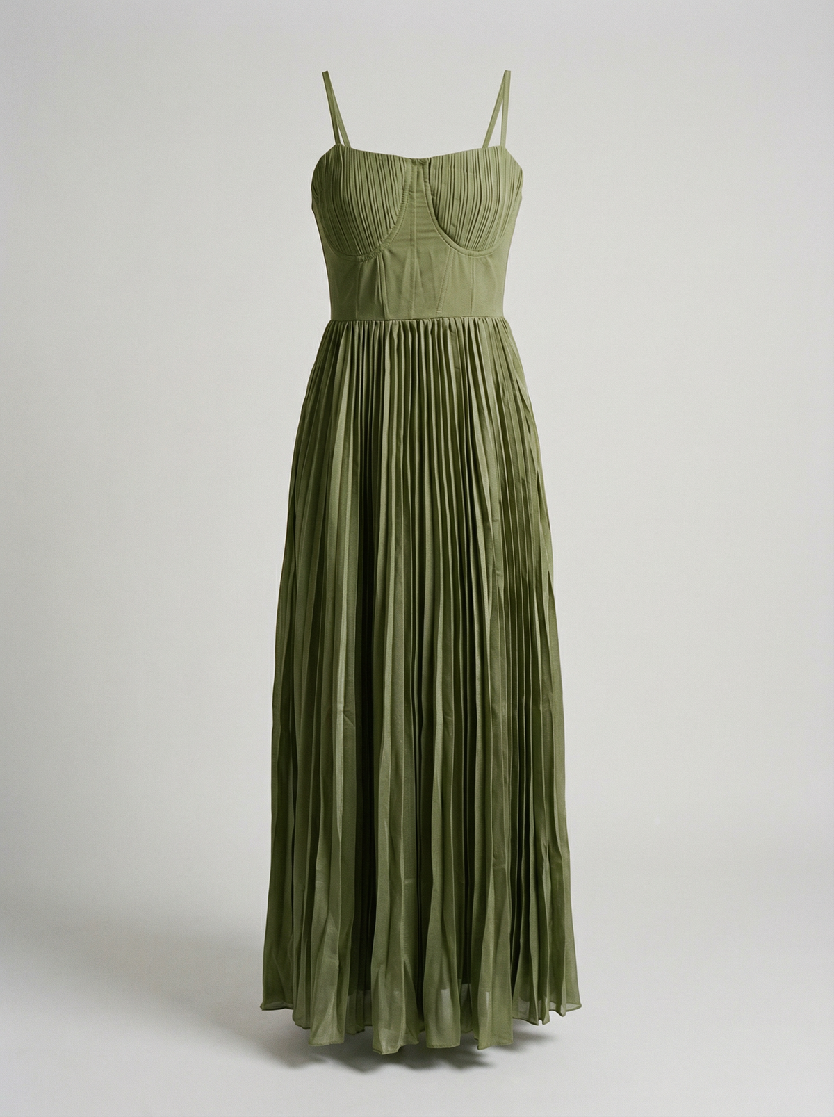 Dresses : Elegante geplooide damesjurk met dunne bandjes - Zomerse midi-jurk in olijfgroen van Pantinoshop