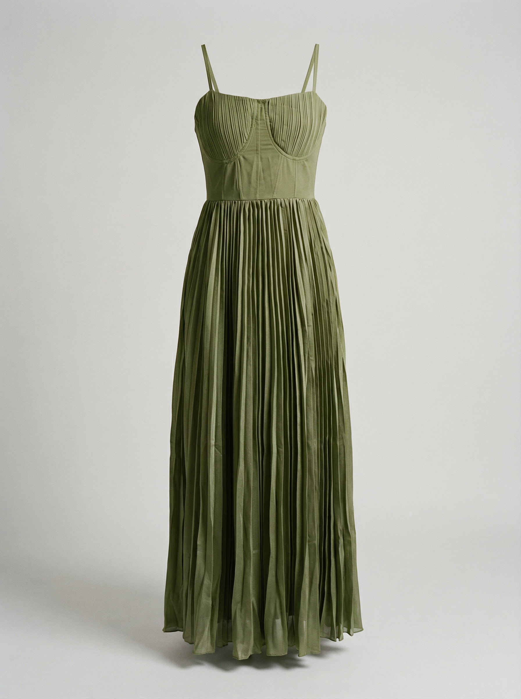 Dresses : Elegante geplooide damesjurk met dunne bandjes - Zomerse midi-jurk in olijfgroen van Pantinoshop