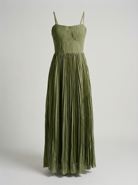 women's midi dress : Elegante geplooide damesjurk met dunne bandjes - Zomerse midi-jurk in olijfgroen van Pantinoshop