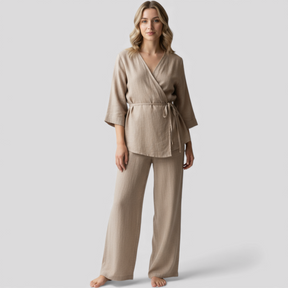 Outfit Sets : Kimono Elegante in Lino da Donna con Cintura - Perfetto per Estate e Primavera in van Pantino