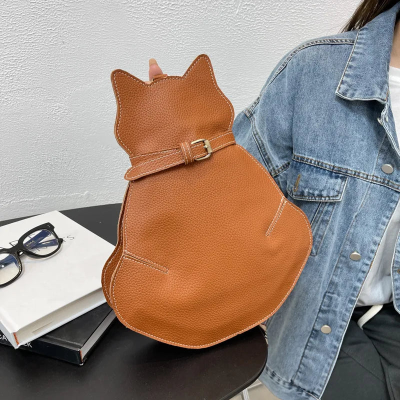 bags : Schattige Katten Tas Dames Bruin - Cat Design Compact - PU-Leer in van Pantino