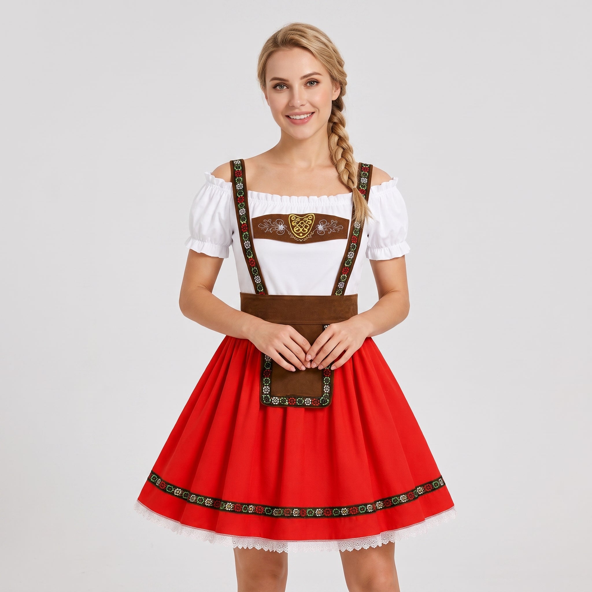 Gifts – Seasonal – Oktoberfest : Dames Dirndl Rood met Carmen-hals en pofmouwen in van Steiner-boutique