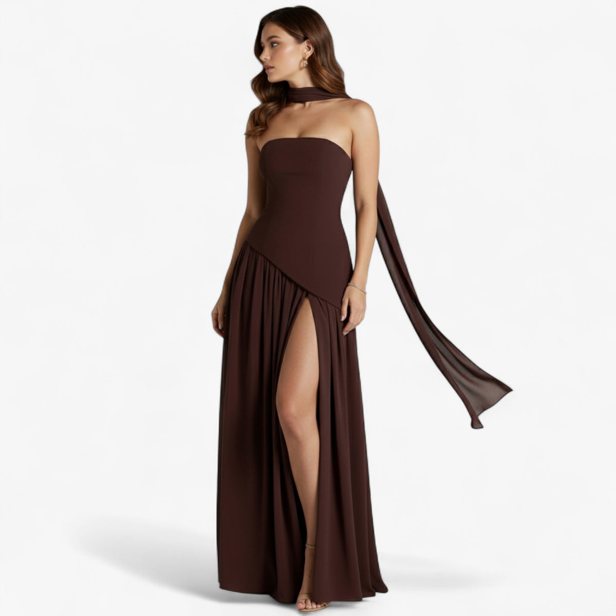 Damesjurken : Maxi Jurk Geel - Elegante Avond met Zijsplit in Bruin van Pantino
