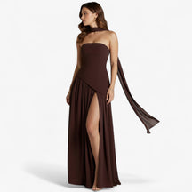 Damesjurken : Maxi Jurk Geel - Elegante Avond met Zijsplit in Bruin van Pantino