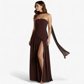 Damesjurken : Maxi Jurk Geel - Elegante Avond met Zijsplit in Bruin van Pantino