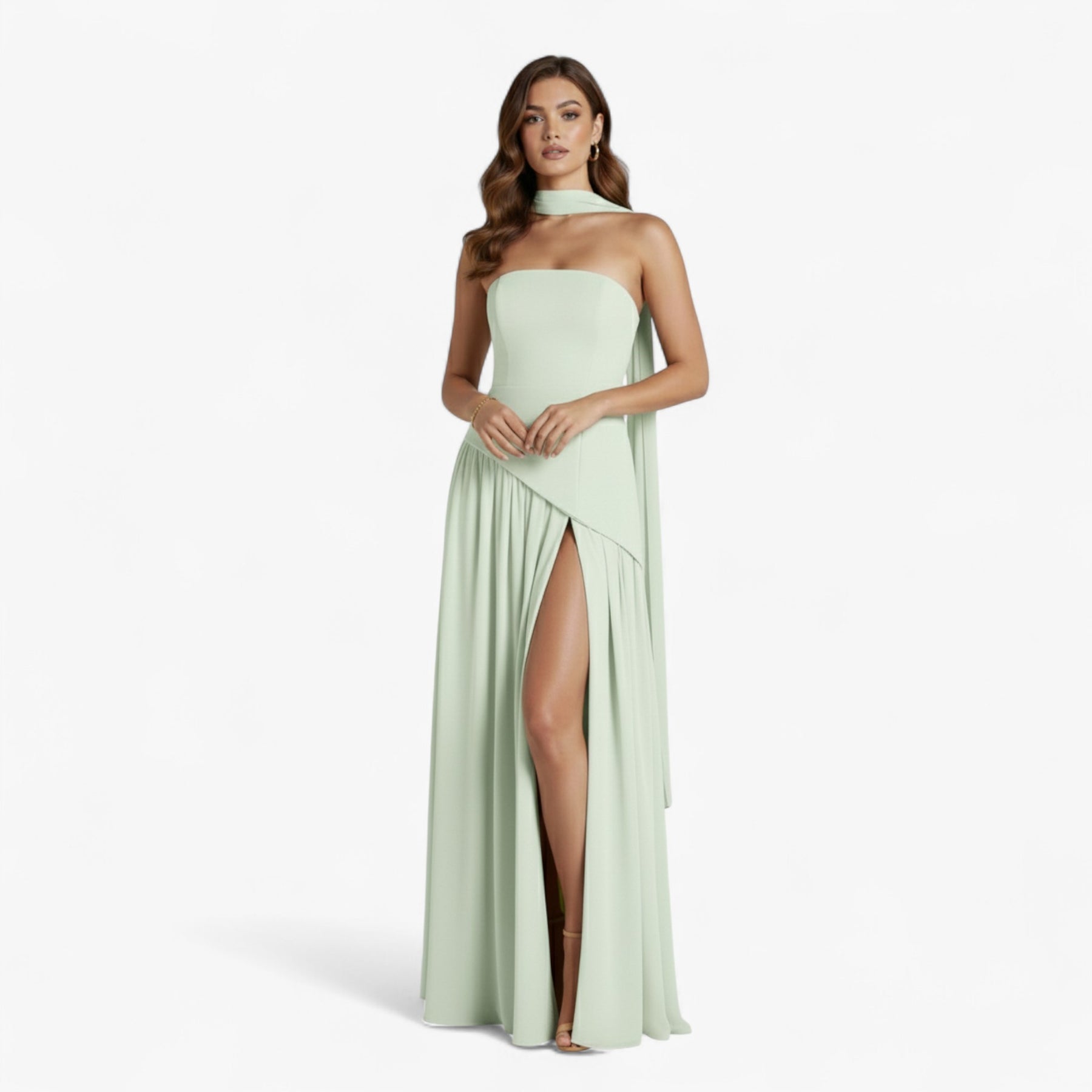 Damesjurken : Maxi Jurk Geel - Elegante Avond met Zijsplit in Mintgroen van Pantino