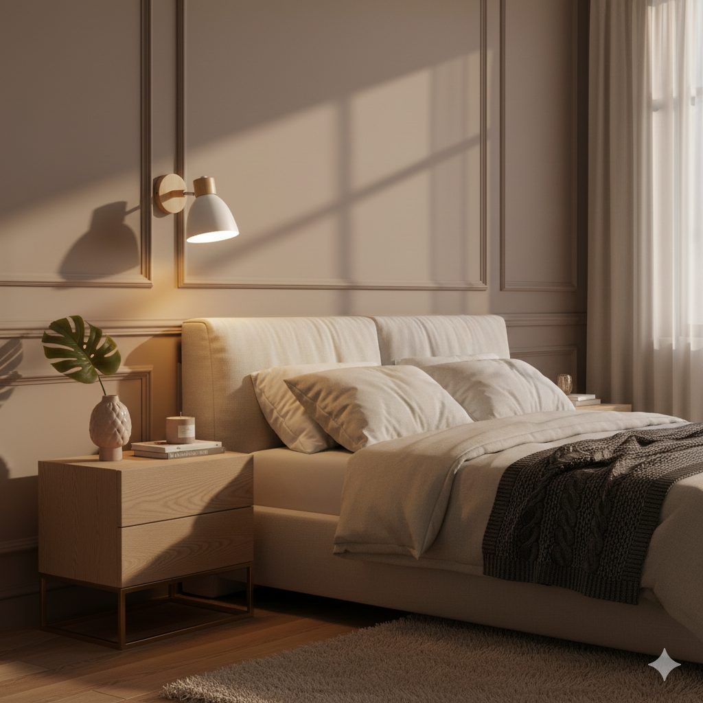Moderne Wandlamp met Schuine Arm, Hout, Conische Kap