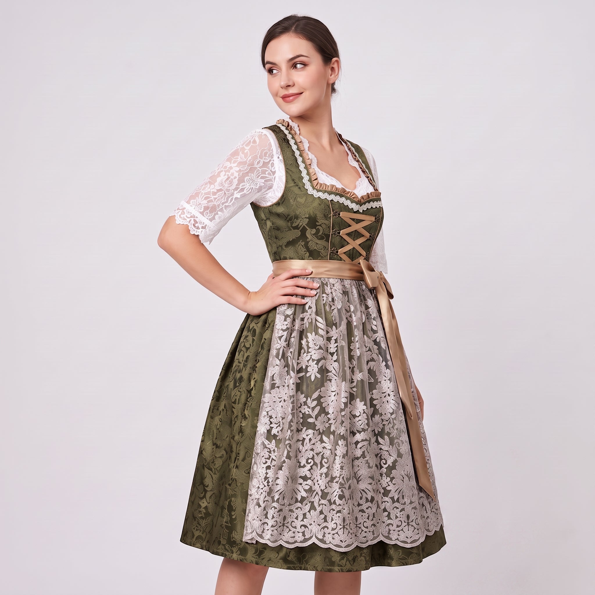 Gifts – Seasonal – Oktoberfest : Dames Dirndl Groen - Kanten Mieder, Bloemenstrik in van Steiner-boutique