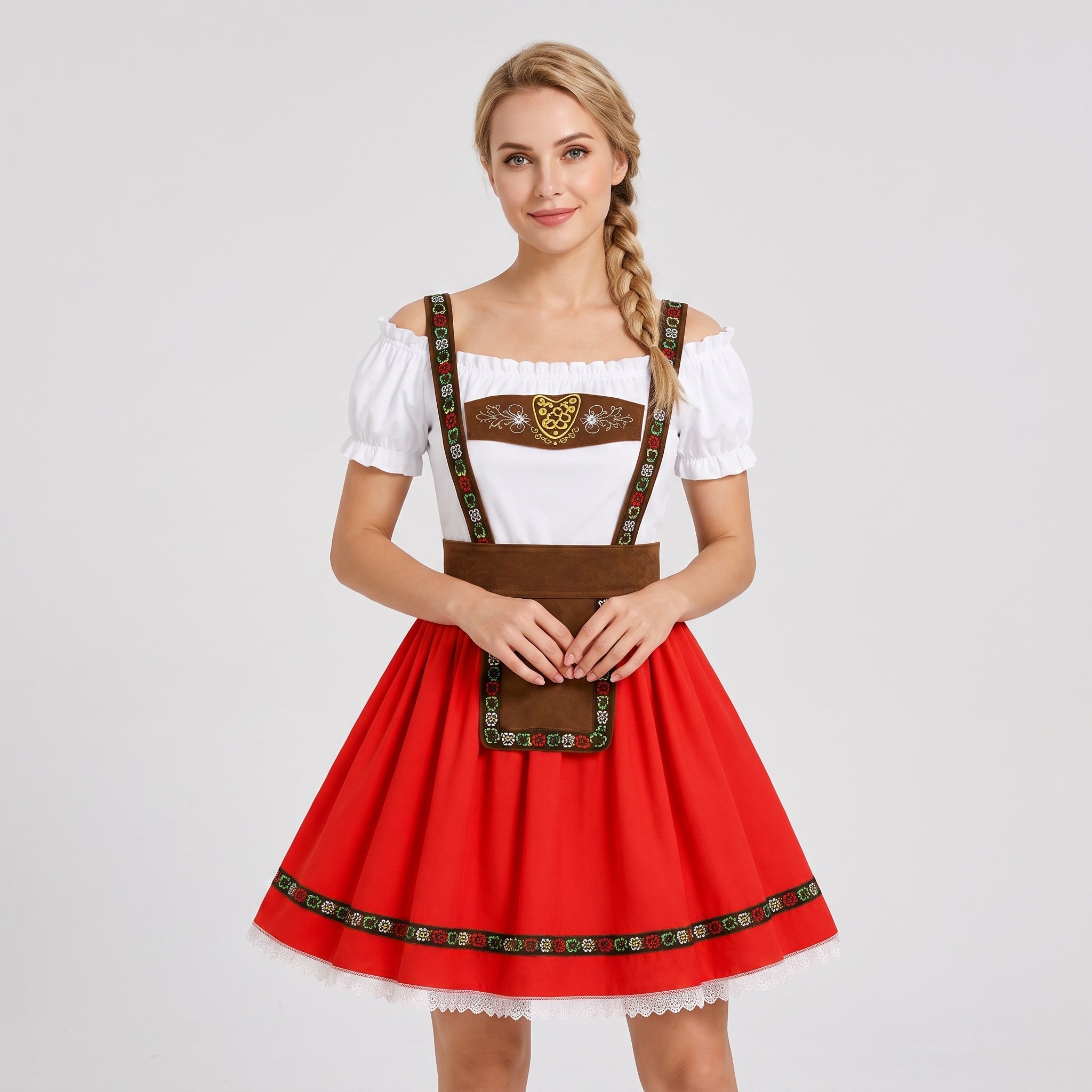 Gifts – Seasonal – Oktoberfest : Dames Dirndl Rood met Carmen-hals en pofmouwen in van Steiner-boutique