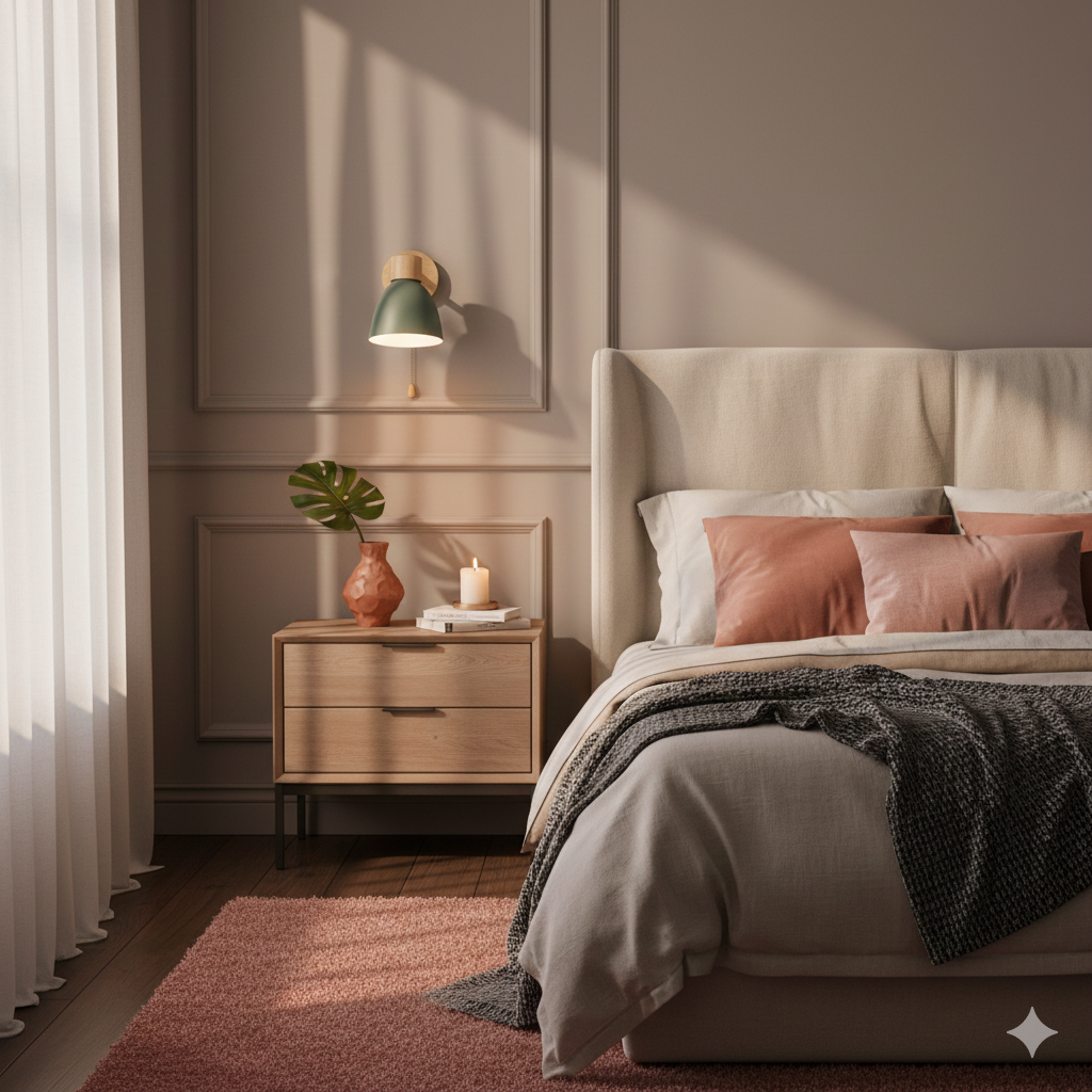 Moderne Wandlamp met Schuine Arm, Hout, Conische Kap